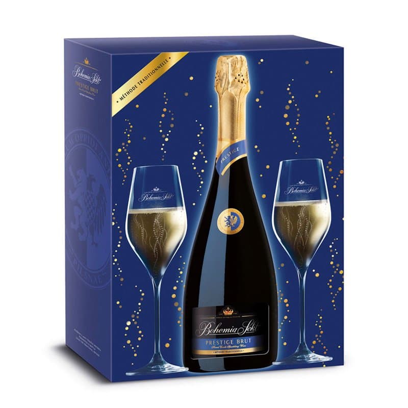 Bohemia Sekt Prestige brut + 2sklenky, dárkové balení